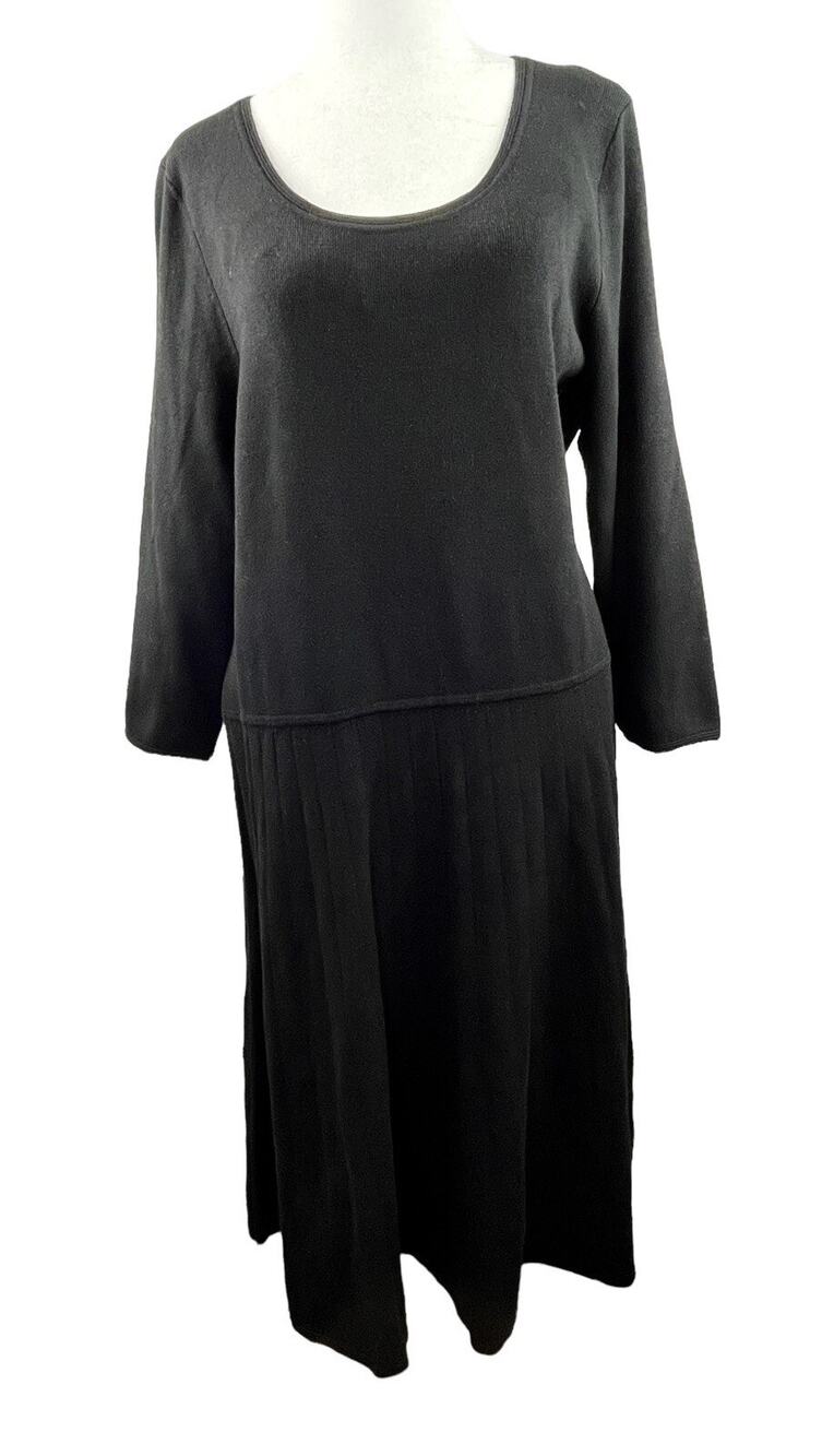 TALBOTS Woman 1X Sweater Dress Solid Black Stretch Knit A-Line 3/4 Sleeve NEW